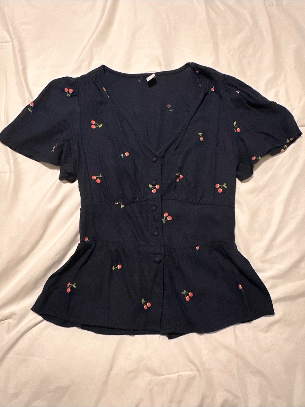 Old Navy Navy Cherry-Print Peplum Button-Front Blouse